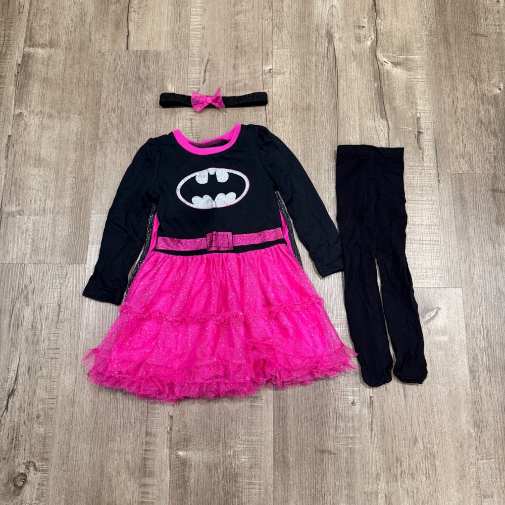 Batman Batgirl Costume Dress Set Girl 4T Cape Headband Tights Glitter Pink Black